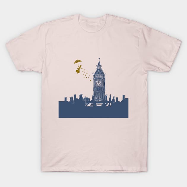 Mary Poppins and Big Ben in Blue and Pink T-Shirt by Maddybennettart